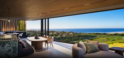 Luxury living room with panoramic ocean view at Zimbali Lakes