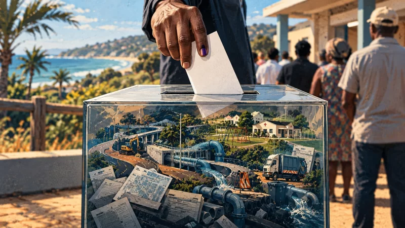 A voter with an ink-marked finger drops a ballot into a clear box showing new roads, water pipes, a clinic, a park and a refuse truck, with people queuing on the Ballito coast