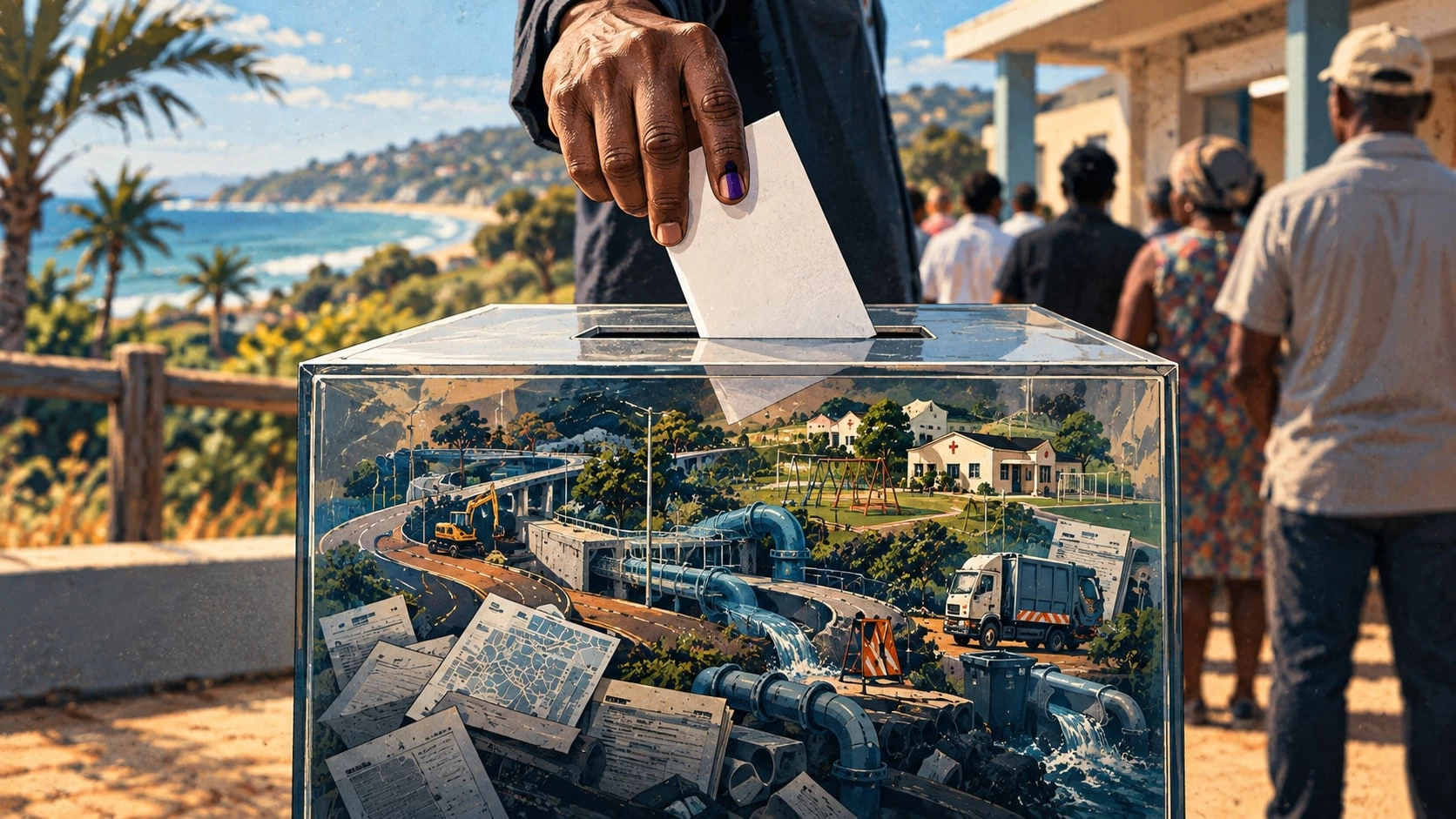 A voter with an ink-marked finger drops a ballot into a clear box showing new roads, water pipes, a clinic, a park and a refuse truck, with people queuing on the Ballito coast